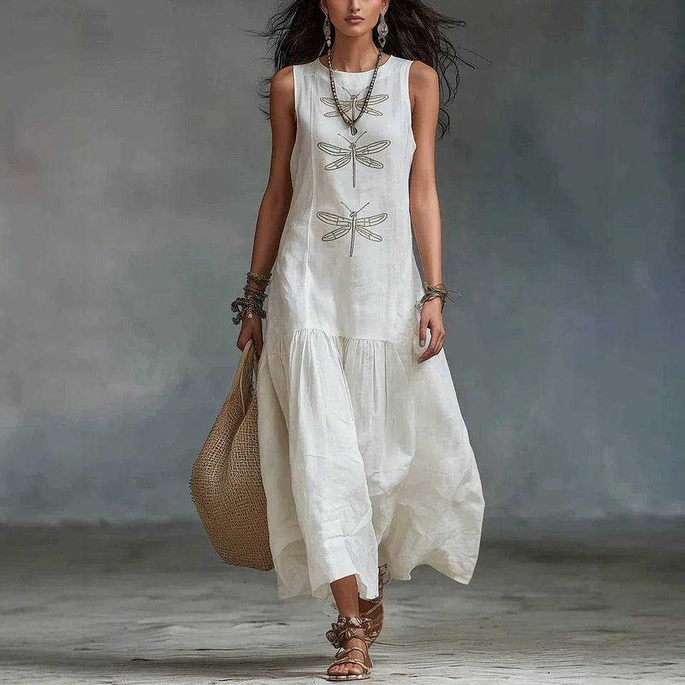 Vestido Midi Bohemio Daniela con Estampado de Libélulas
