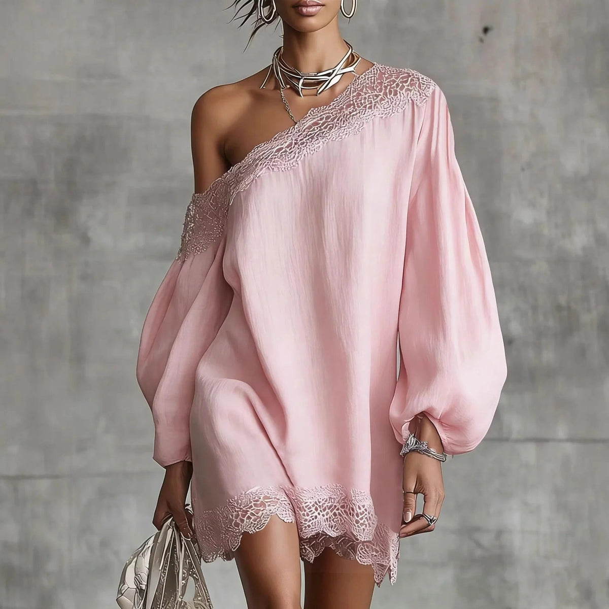 Olivia Vestido Mini de Encaje con Off-Shoulder y Mangas Abullonadas