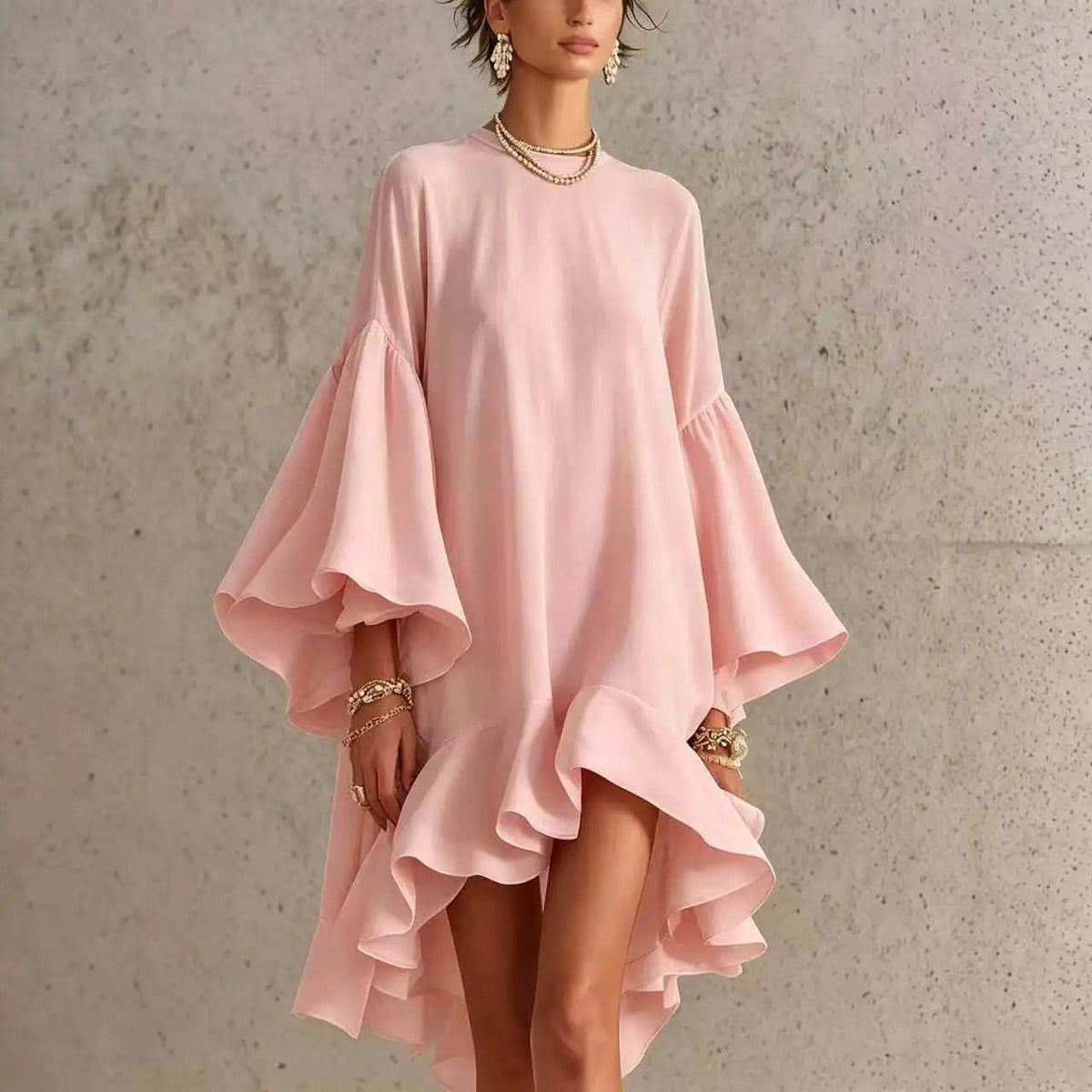 Amelia Vestido Elegante con Volantes y Bajo Asimétrico