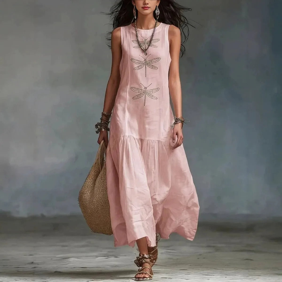 Vestido Midi Bohemio Daniela con Estampado de Libélulas