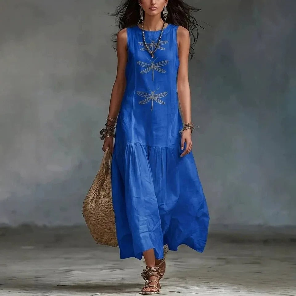 Vestido Midi Bohemio Daniela con Estampado de Libélulas