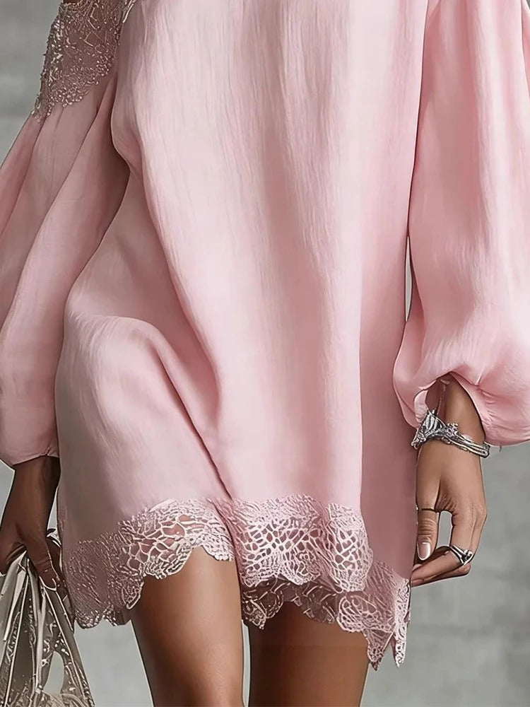 Olivia Vestido Mini de Encaje con Off-Shoulder y Mangas Abullonadas