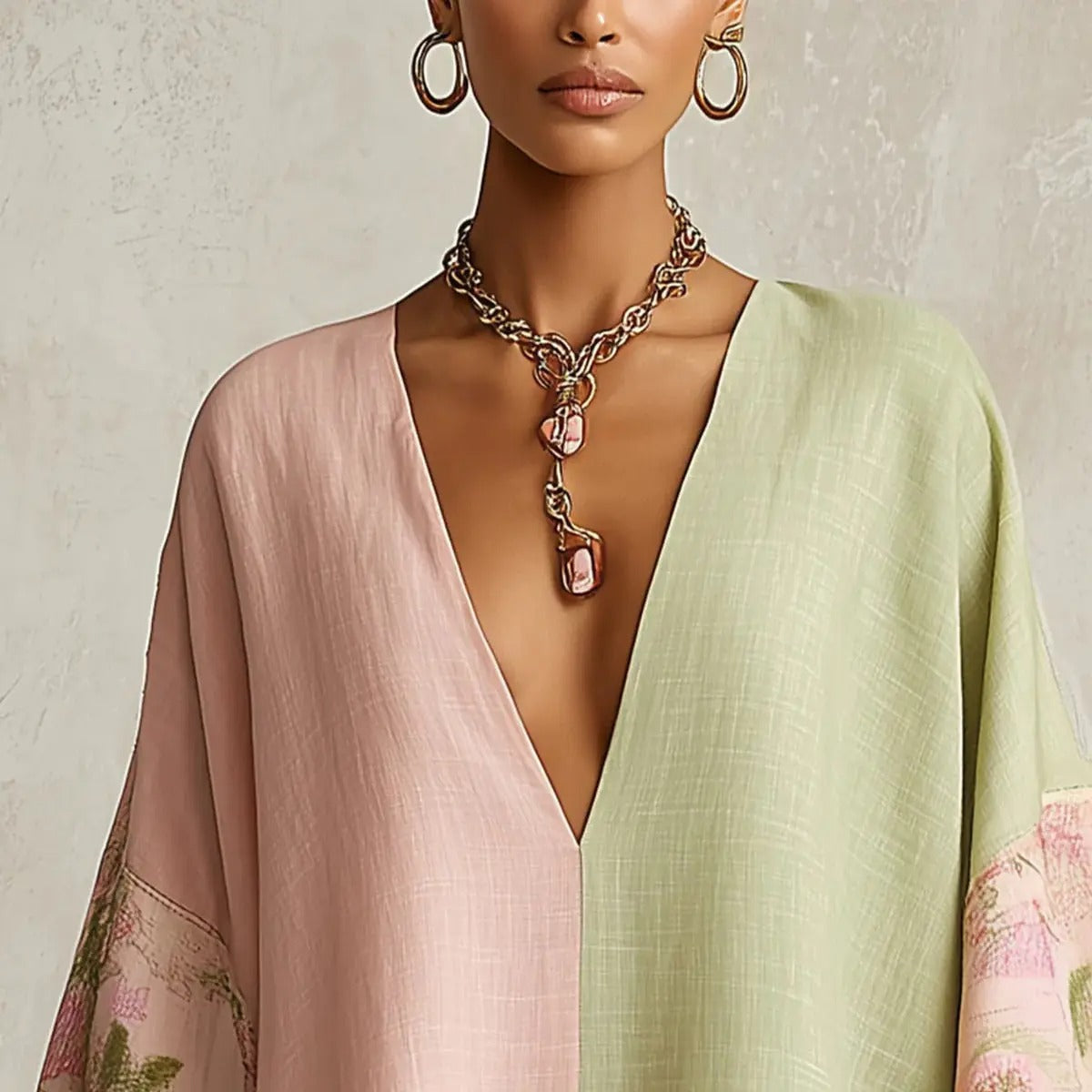 Vestido Bohemio Floral Jimena con Mangas Murciélago y Cuello de Pico