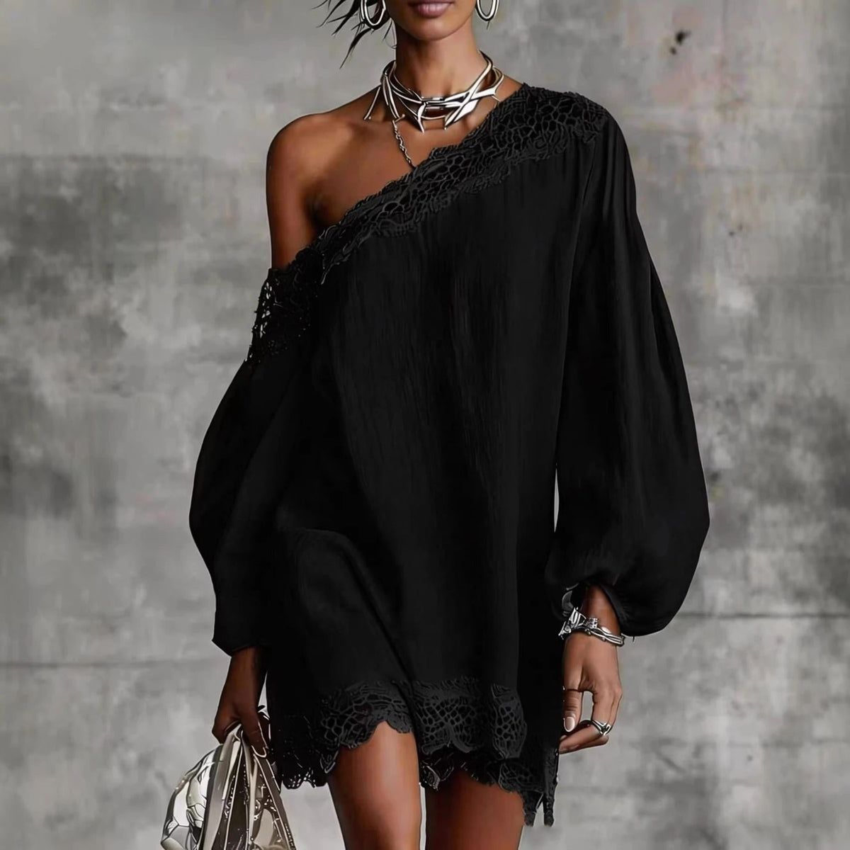 Olivia Vestido Mini de Encaje con Off-Shoulder y Mangas Abullonadas