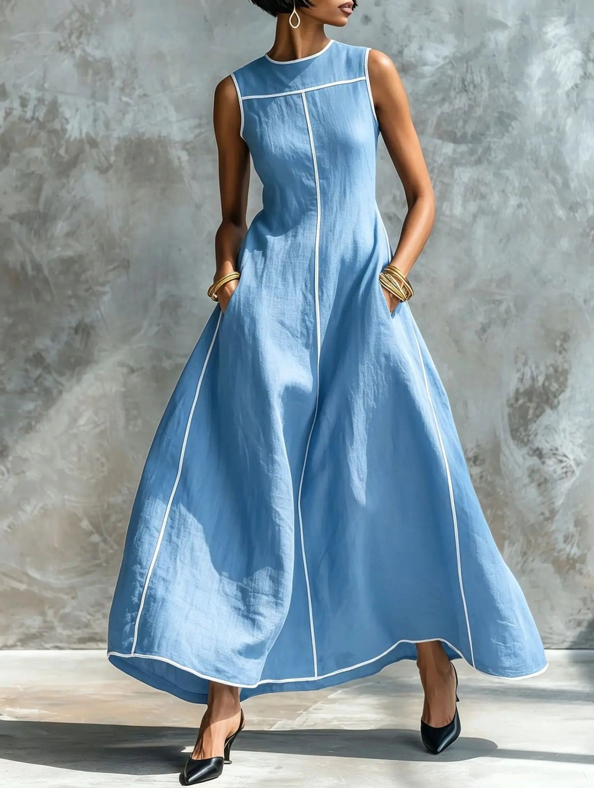 Vestido Largo Carlota con Ribete en Contraste