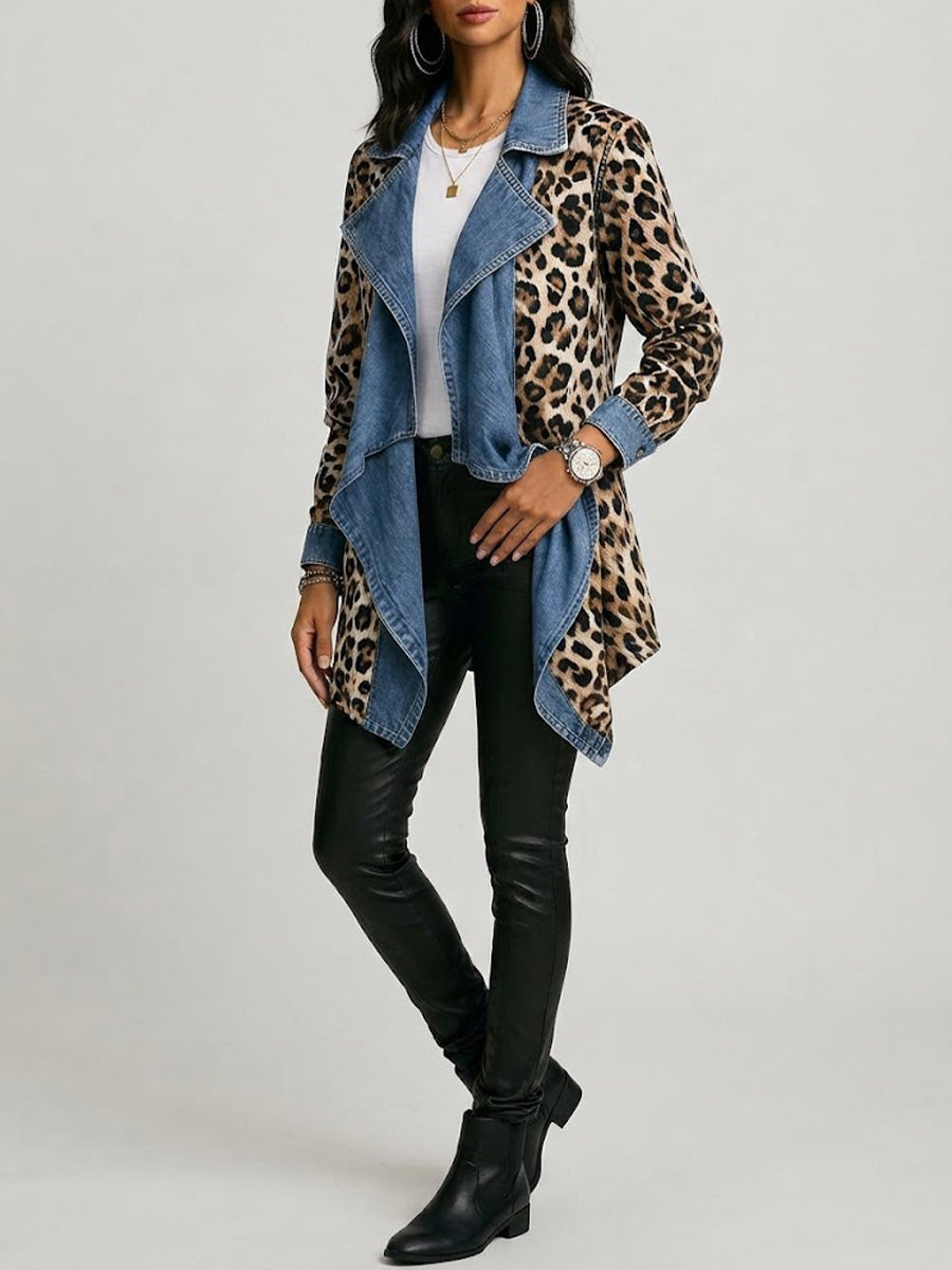 Sherilyn | Chaqueta de Largo Medio con Estampado de Leopardo y Paneles de Denim Lavado
