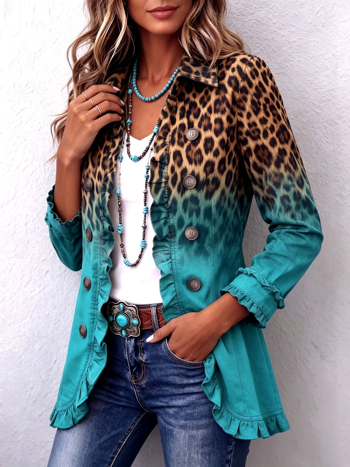 Elspeth™ | Blazer con Volantes y Estampado Degradado de Leopardo