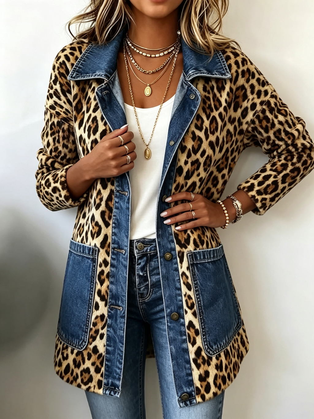 Fablenne | Chaqueta Larga con Estampado de Leopardo y Paneles de Denim Contraste