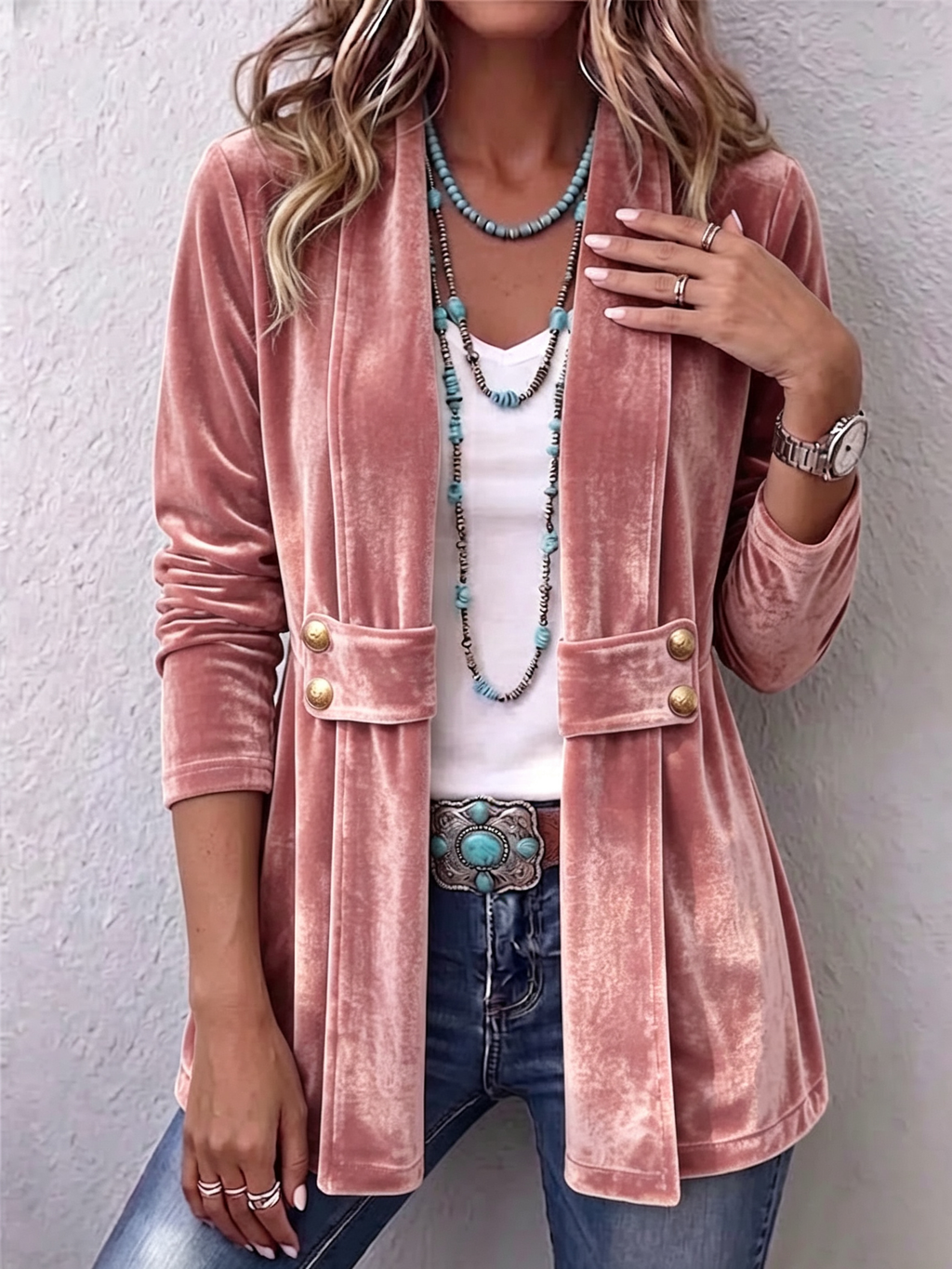 Holliwell | Chaqueta Abierta de Manga Larga con Solapa Vintage y Botones Decorativos