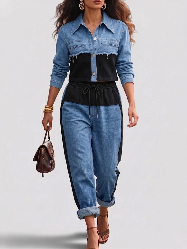 Holbrook | Conjunto de Chaqueta Corta Color Block y Pantalón de Pierna Ancha