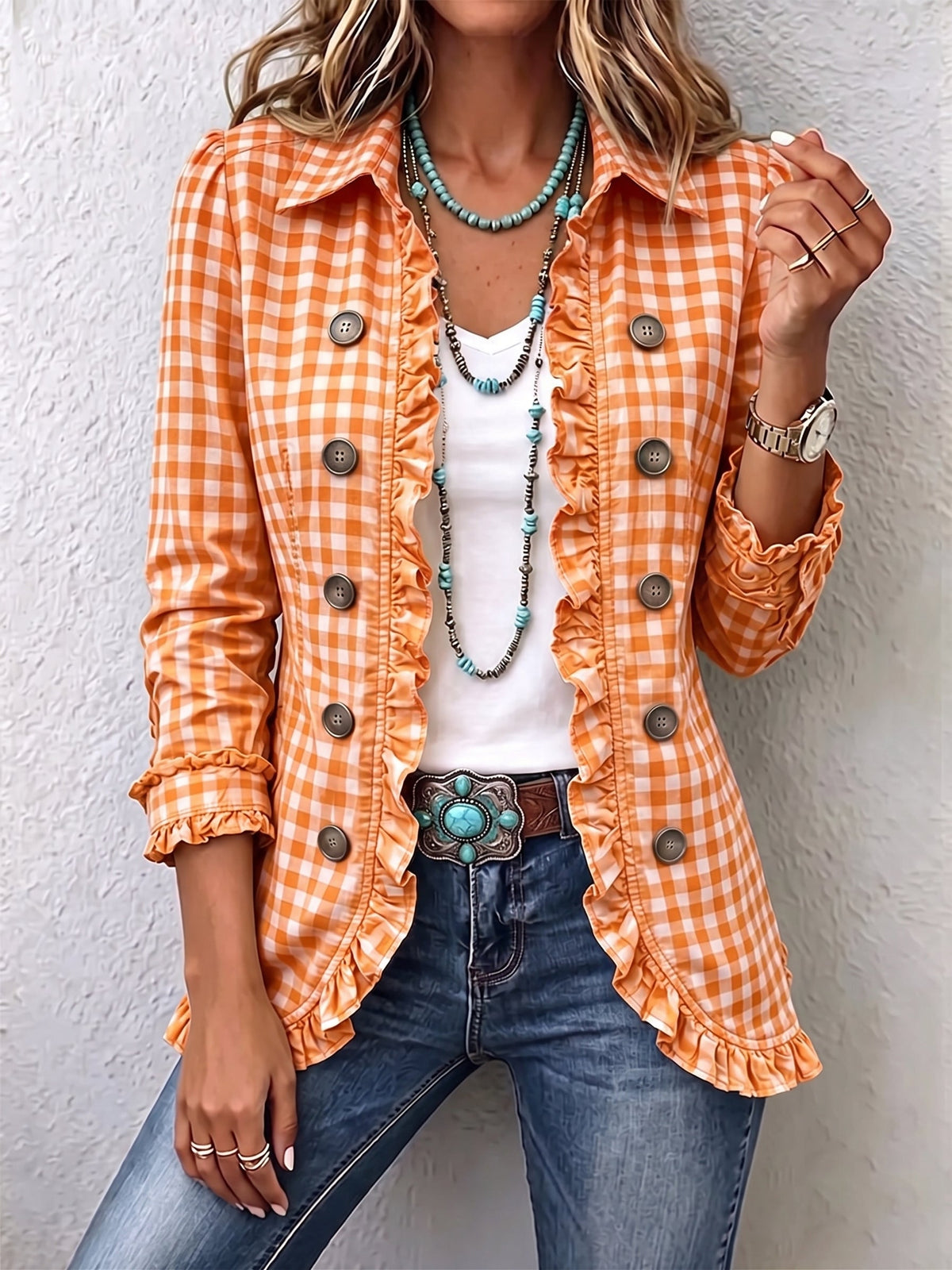 Charlene™ | Chaqueta Abotonada de Cuadros Vichy con Volantes