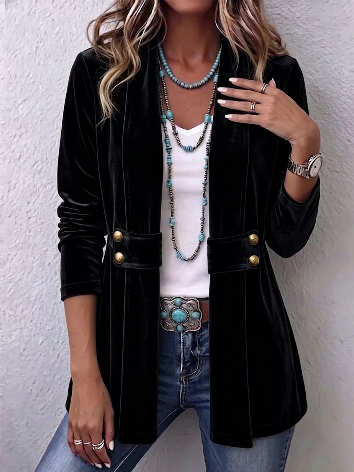 Holliwell | Chaqueta Abierta de Manga Larga con Solapa Vintage y Botones Decorativos
