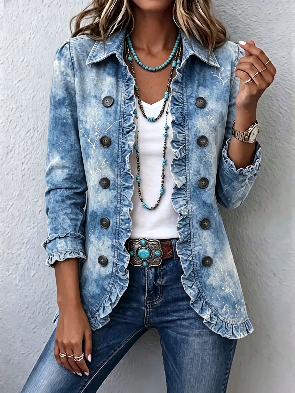Jemison | Chaqueta Boho de Volantes con Estampado Botánico Vintage Degradado