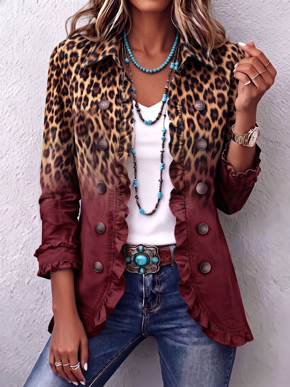 Elspeth™ | Chaqueta Blazer con Volantes y Degradado de Leopardo