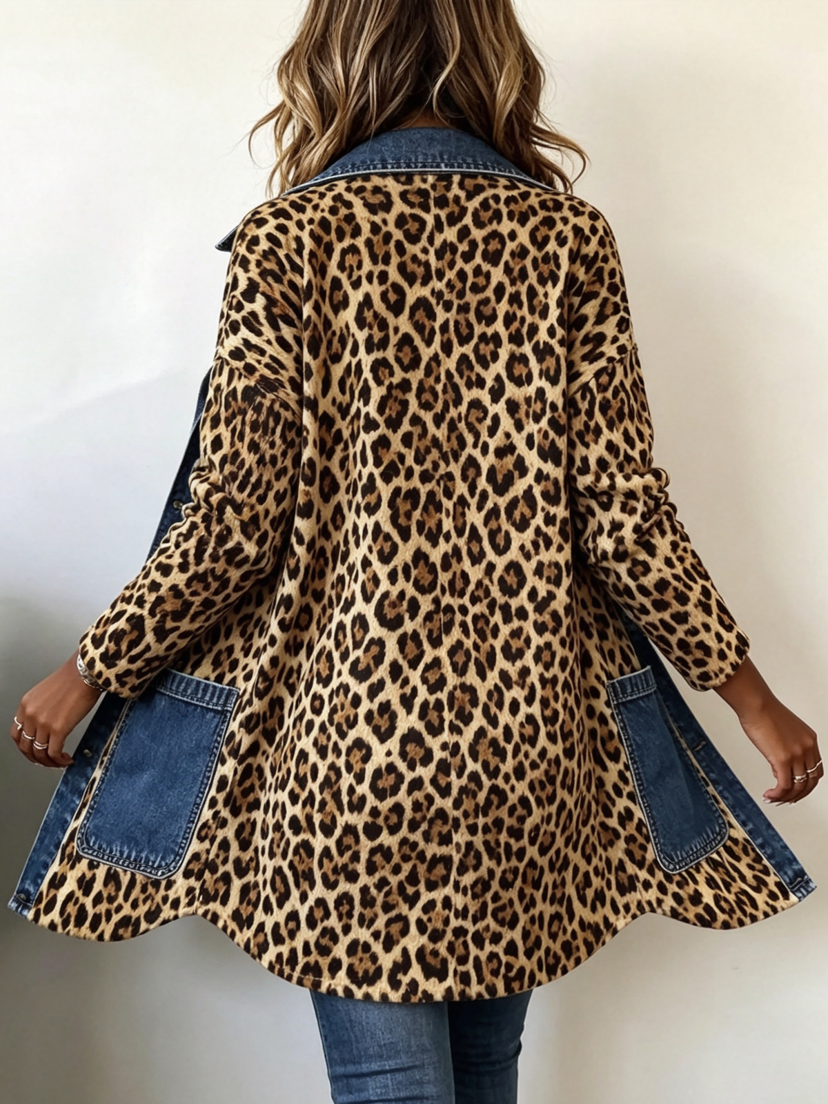 Fablenne | Chaqueta Larga con Estampado de Leopardo y Paneles de Denim Contraste