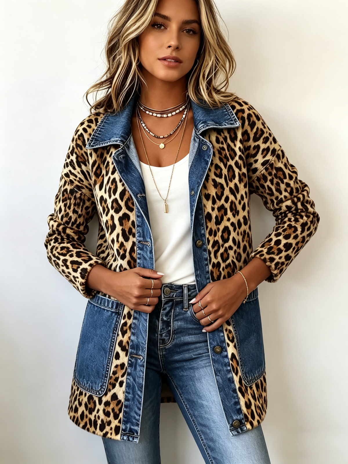 Fablenne™ | Chaqueta Larga con Estampado de Leopardo y Paneles de Denim en Contraste
