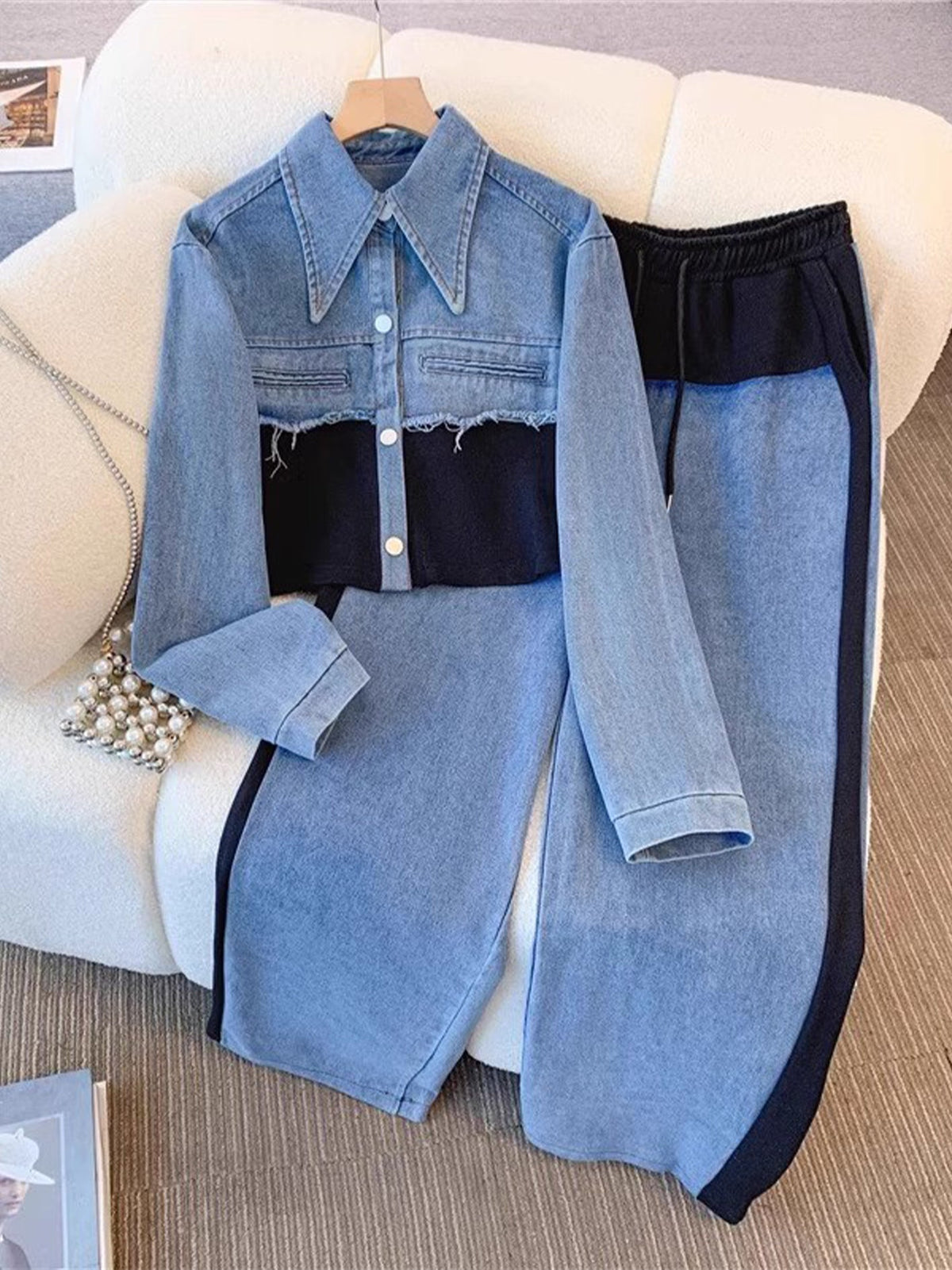 Holbrook | Conjunto de Chaqueta Corta Color Block y Pantalón de Pierna Ancha