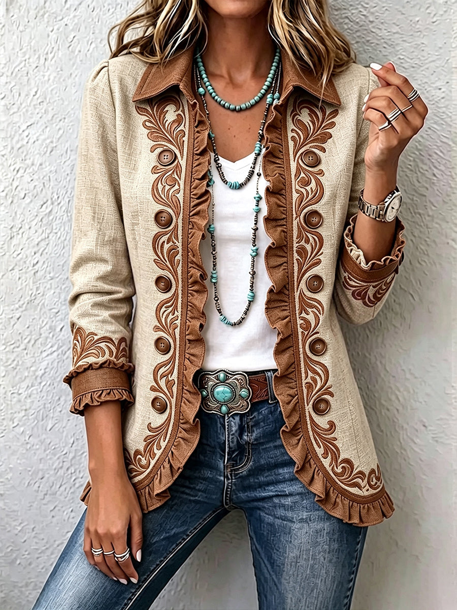Dawncroft | Chaqueta Bohemia de Volantes con Estampado Floral Vintage