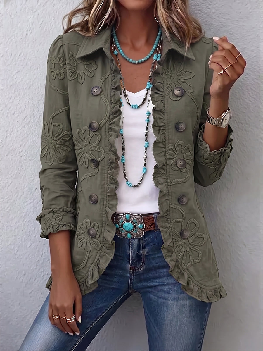 Kamberly™ | Chaqueta Utilitaria Boho-Chic con Bordado Floral y Volante