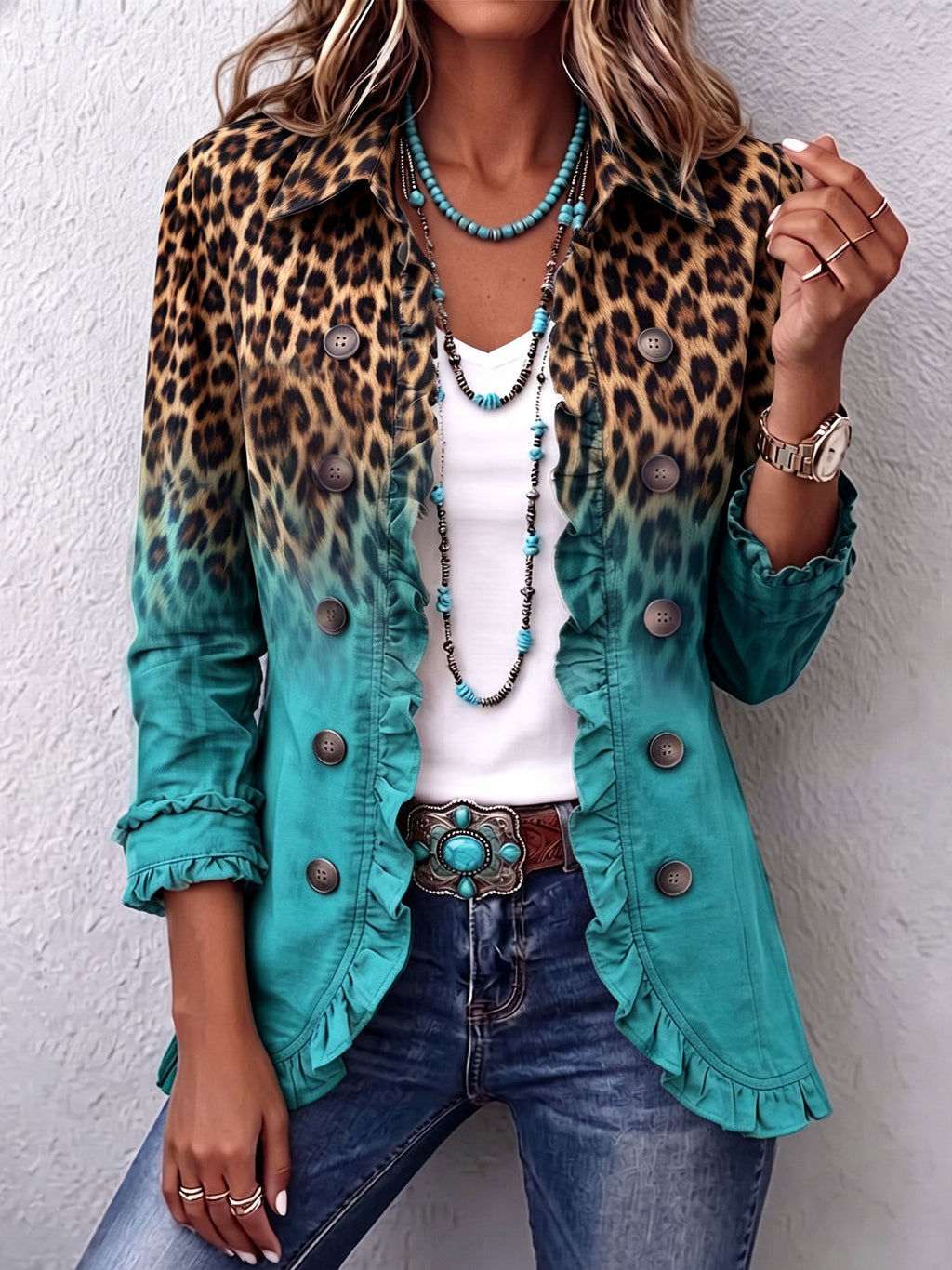 Elspeth™ | Chaqueta Blazer con Volantes y Degradado de Leopardo
