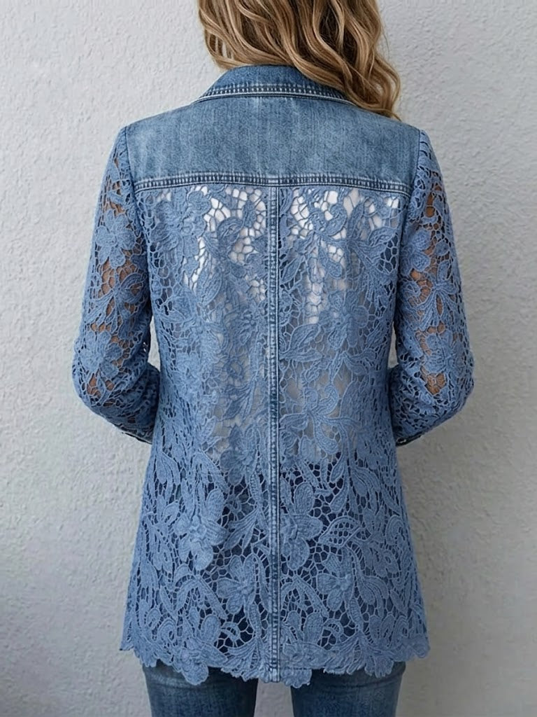 Lacinda™ | Chaqueta Blazer con Paneles de Encaje Floral — Azul Denim