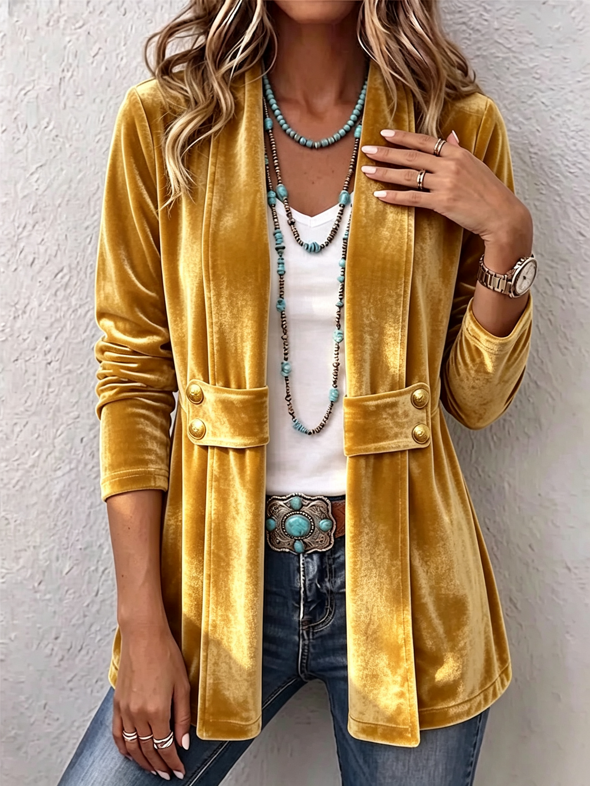 Holliwell™ | Chaqueta Vintage de Frente Abierto con Manga Larga y Botones de Acento en la Solapa