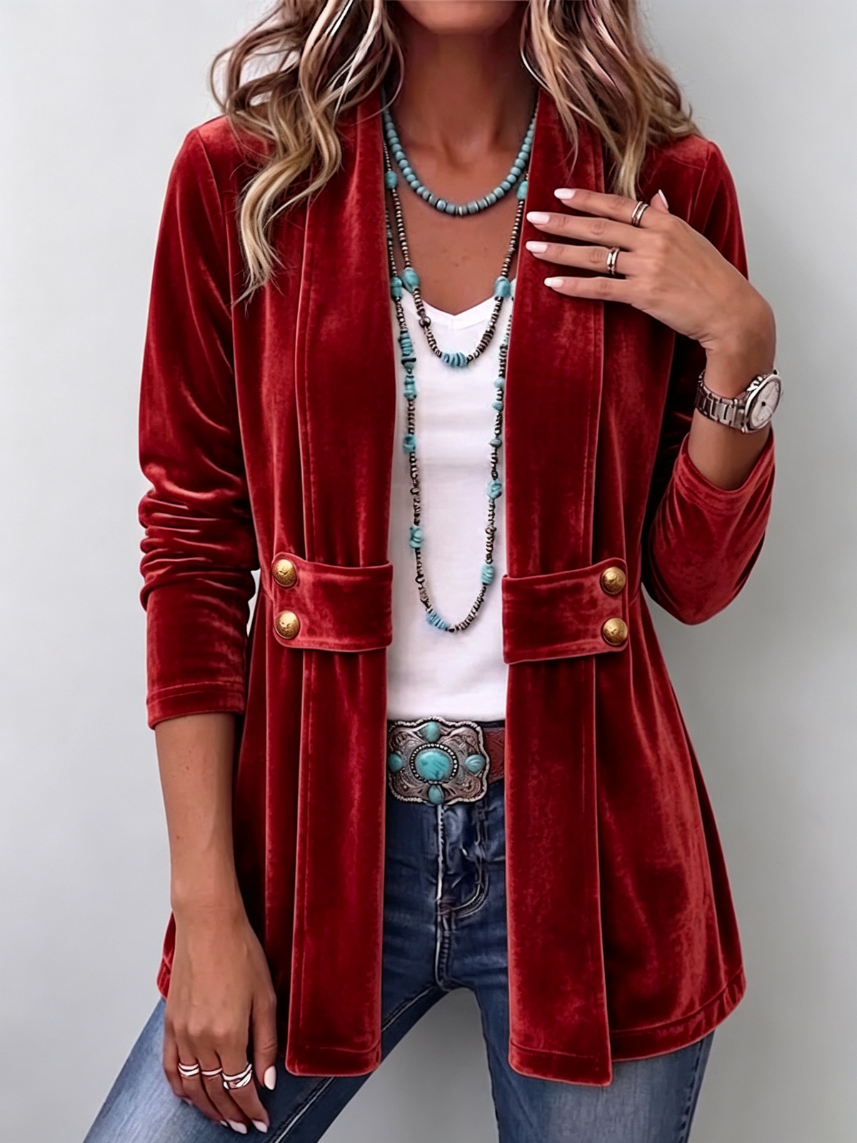 Holliwell | Chaqueta Abierta de Manga Larga con Solapa Vintage y Botones Decorativos