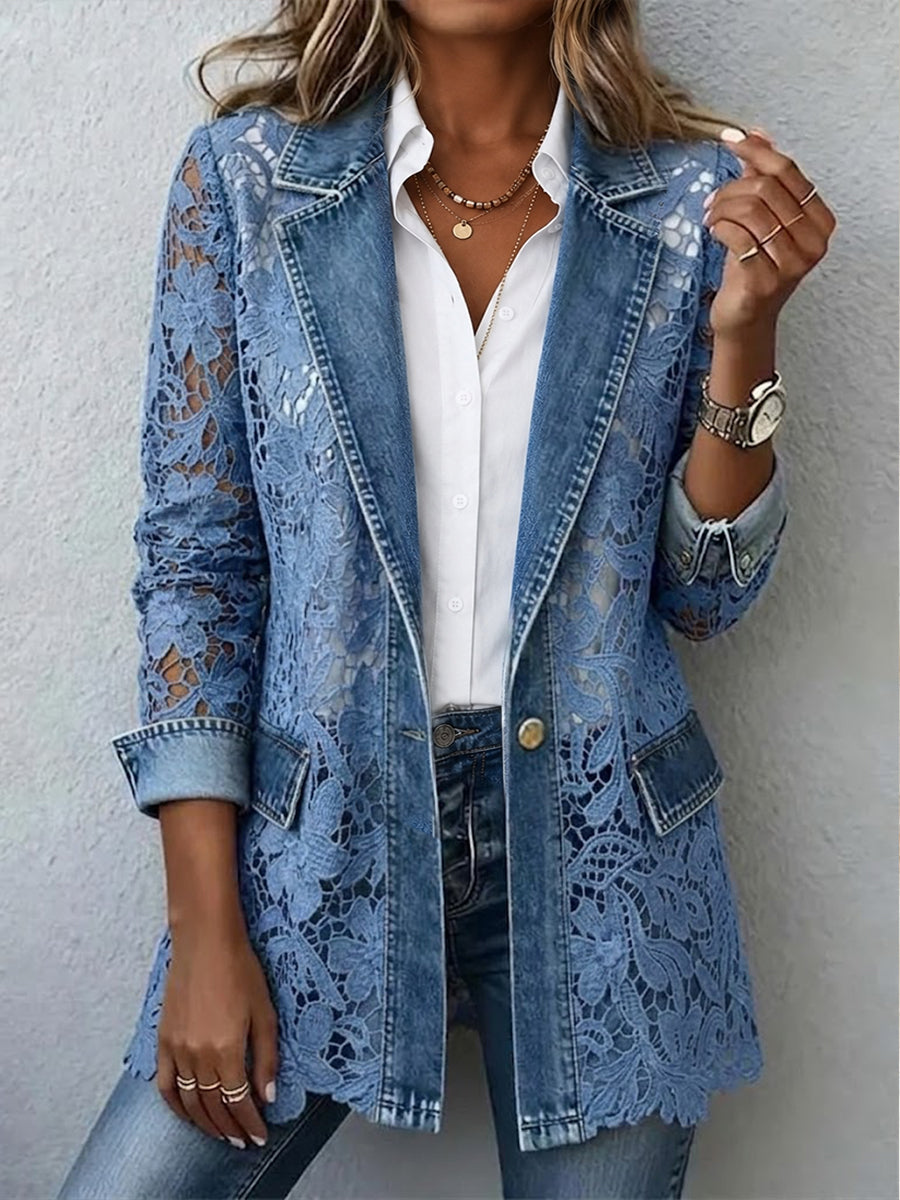 Lacinda™ | Chaqueta Blazer con Paneles de Encaje Floral — Azul Denim