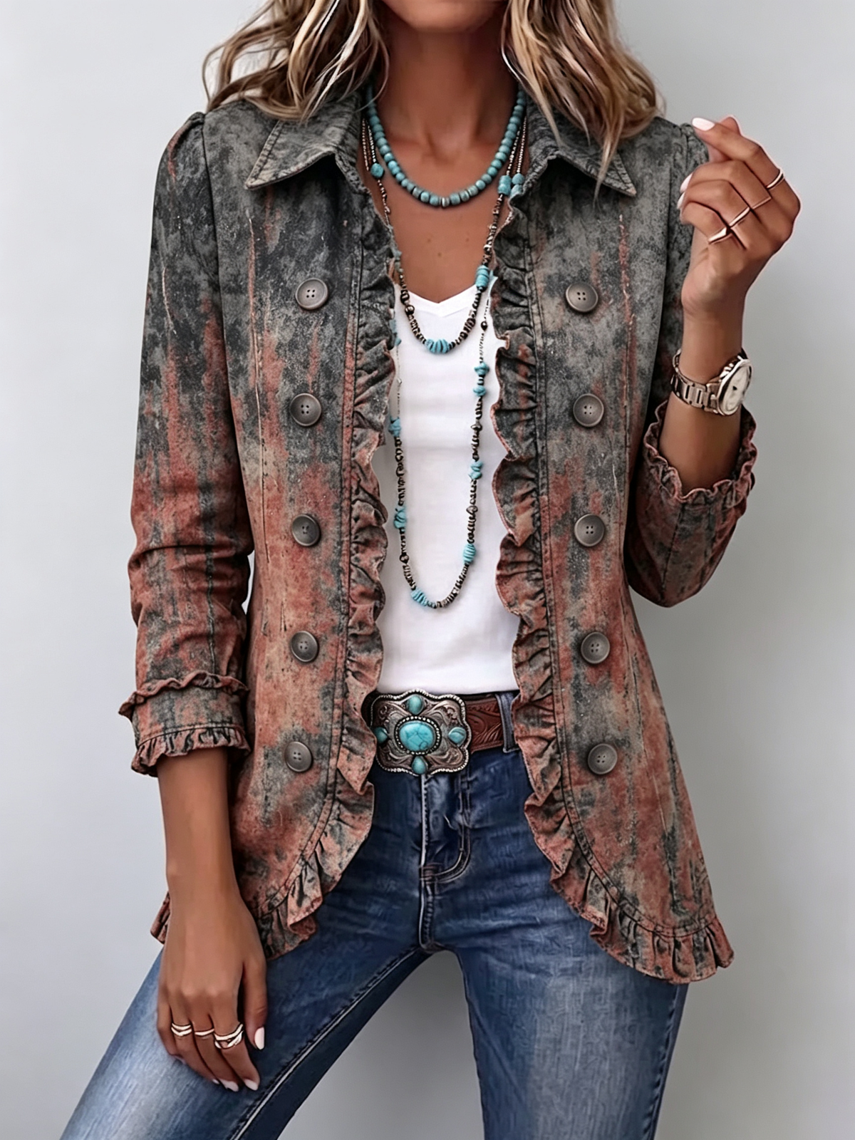 Bristow | Chaqueta de Volantes Vintage con Estampado Texturizado Degradado