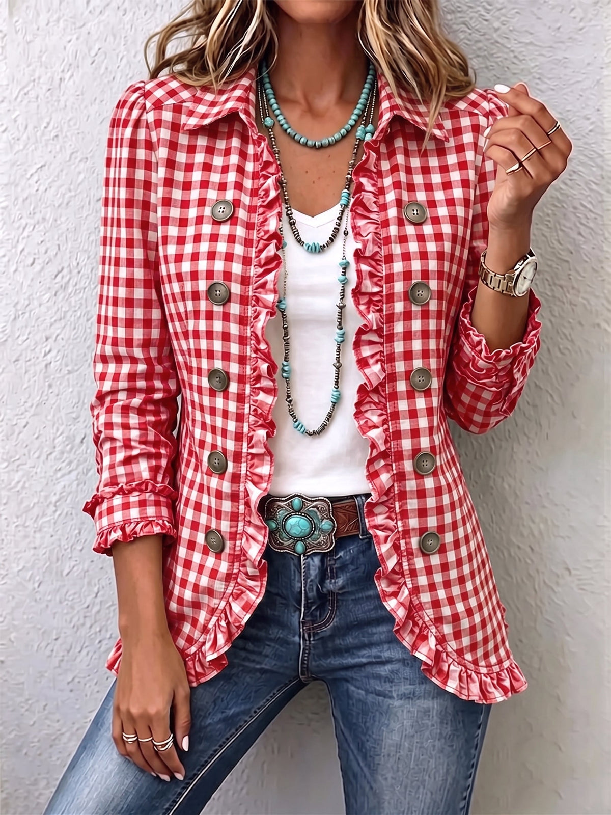Charlene™ | Chaqueta Abotonada de Cuadros Vichy con Volantes
