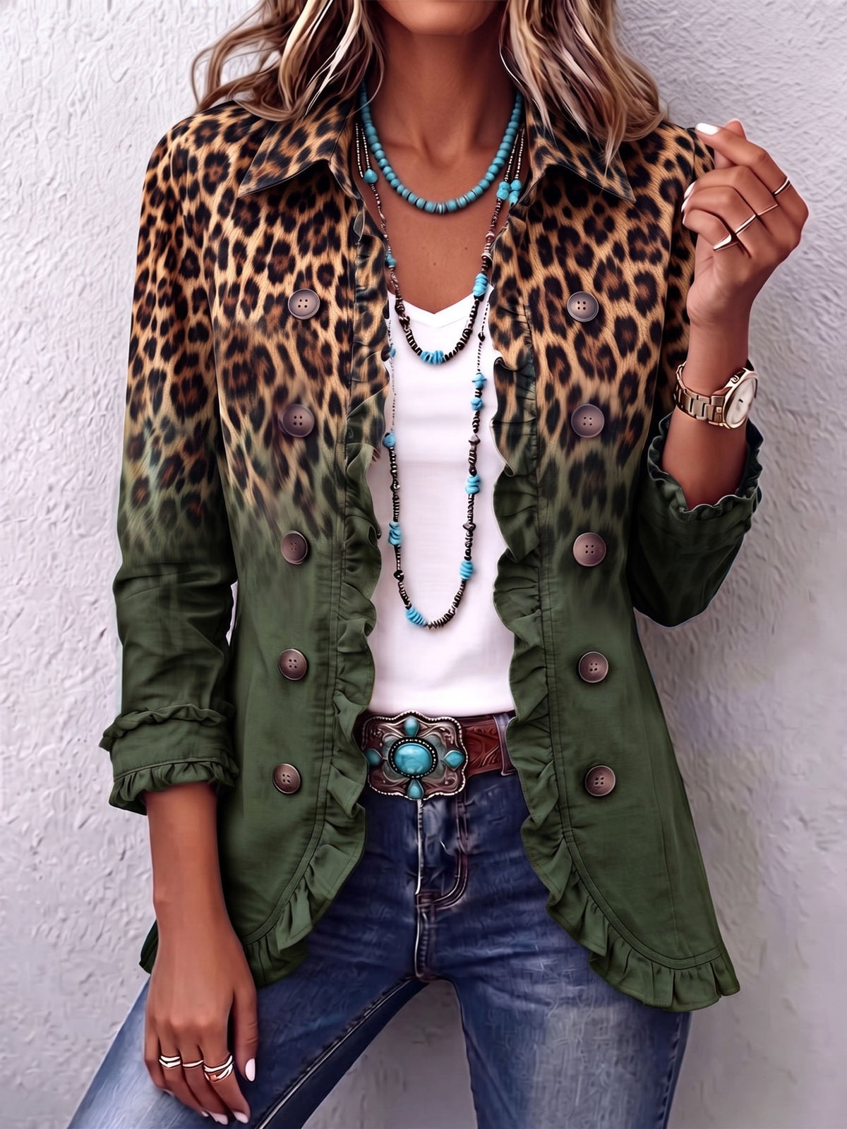 Elspeth™ | Blazer con Volantes y Estampado Degradado de Leopardo