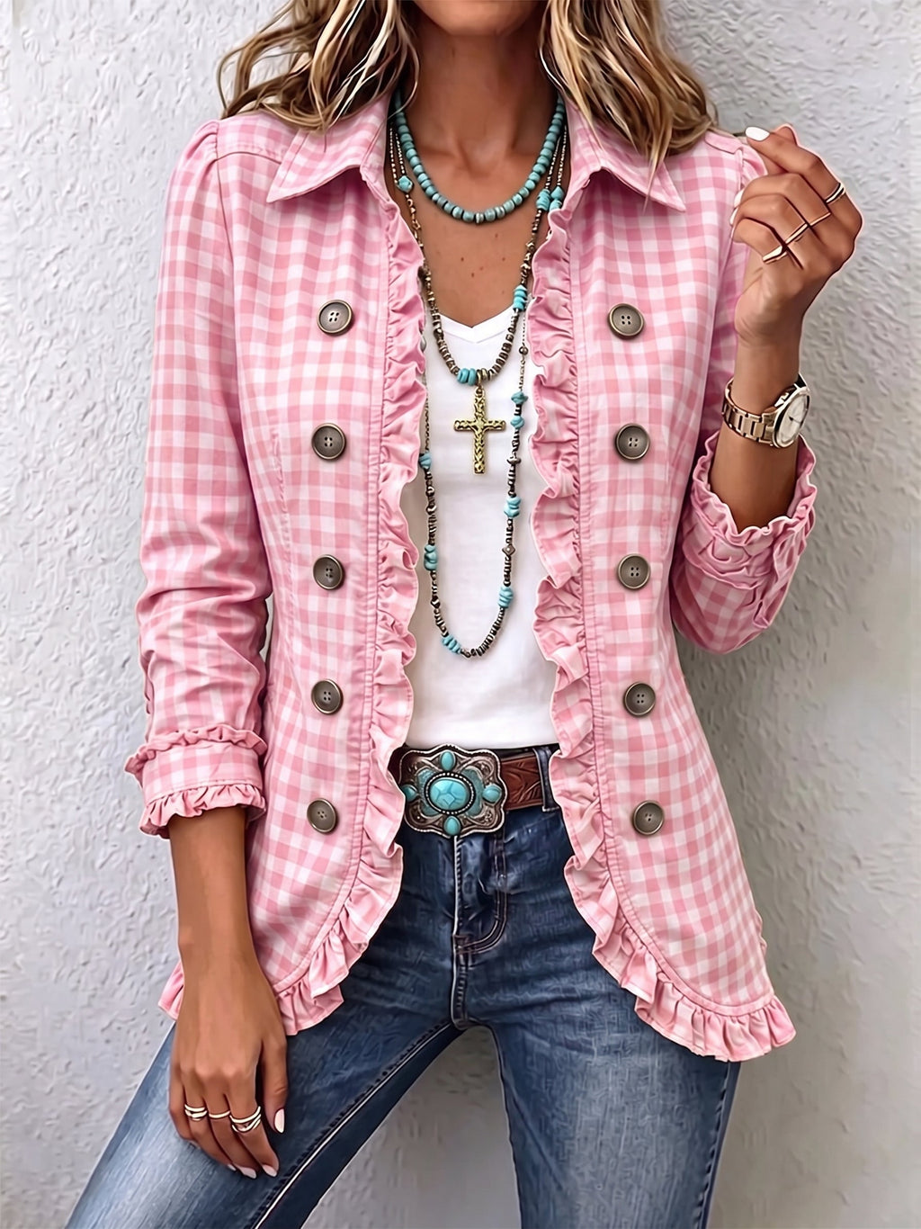 Charlene™ | Chaqueta de Cuadros Vichy con Volantes y Botones