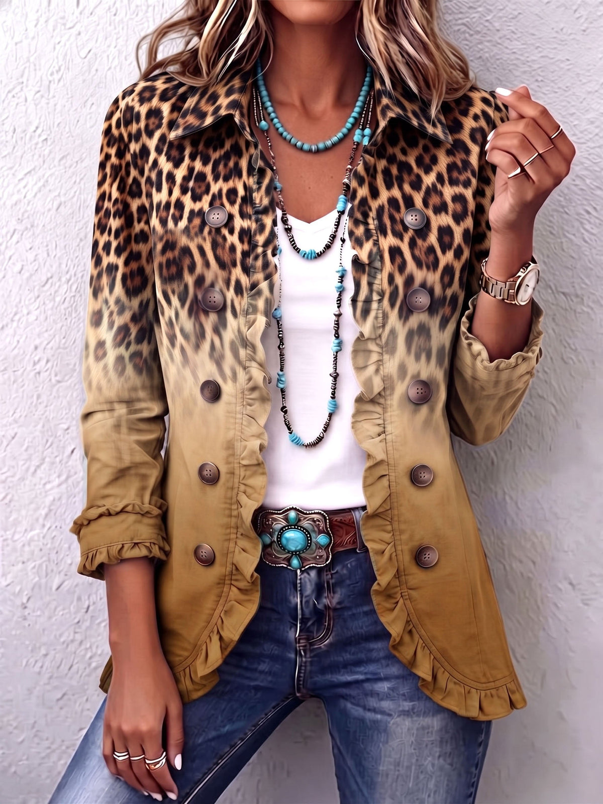 Elspeth™ | Chaqueta Blazer con Volantes y Degradado de Leopardo