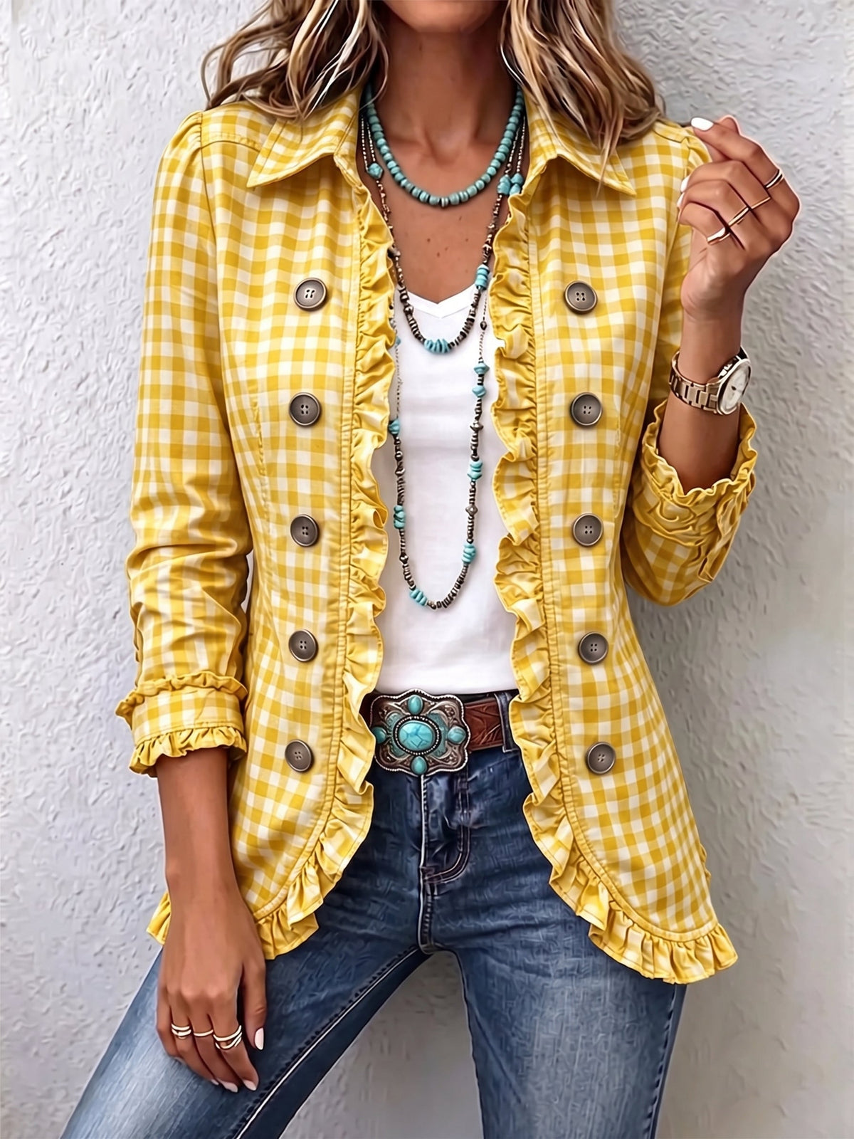 Charlene™ | Chaqueta Abotonada de Cuadros Vichy con Volantes