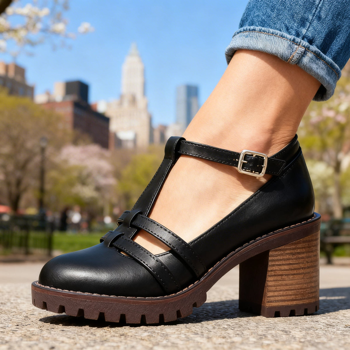 Romilly | Mocasín de Mujer con Tira en T y Tacón Ancho
