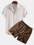 Camisa abotonada de mezcla de lino y rayón y pantalones cortos de 5" con cordón y textura arrugada