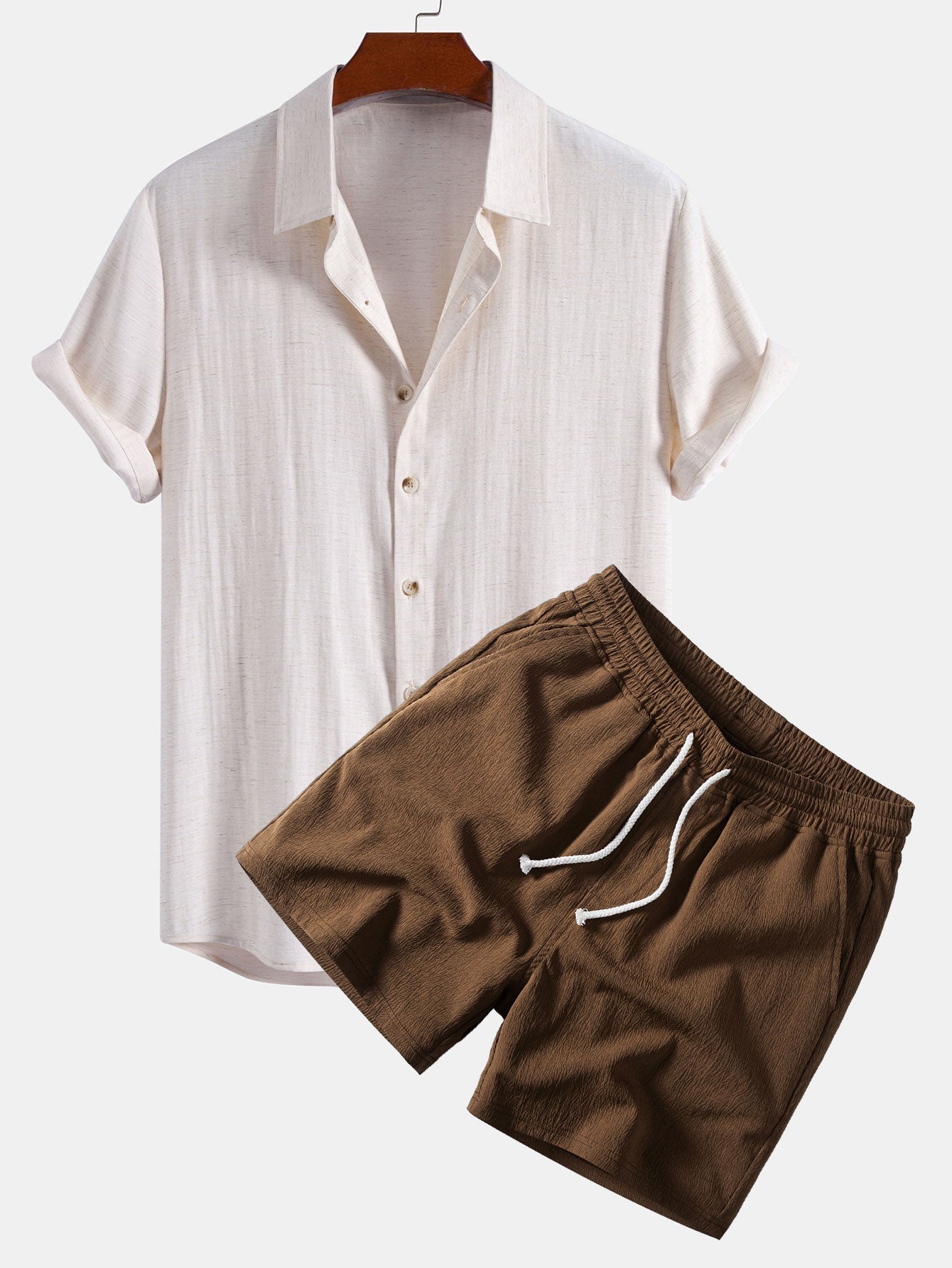 Camisa abotonada de mezcla de lino y rayón y pantalones cortos de 5" con cordón y textura arrugada