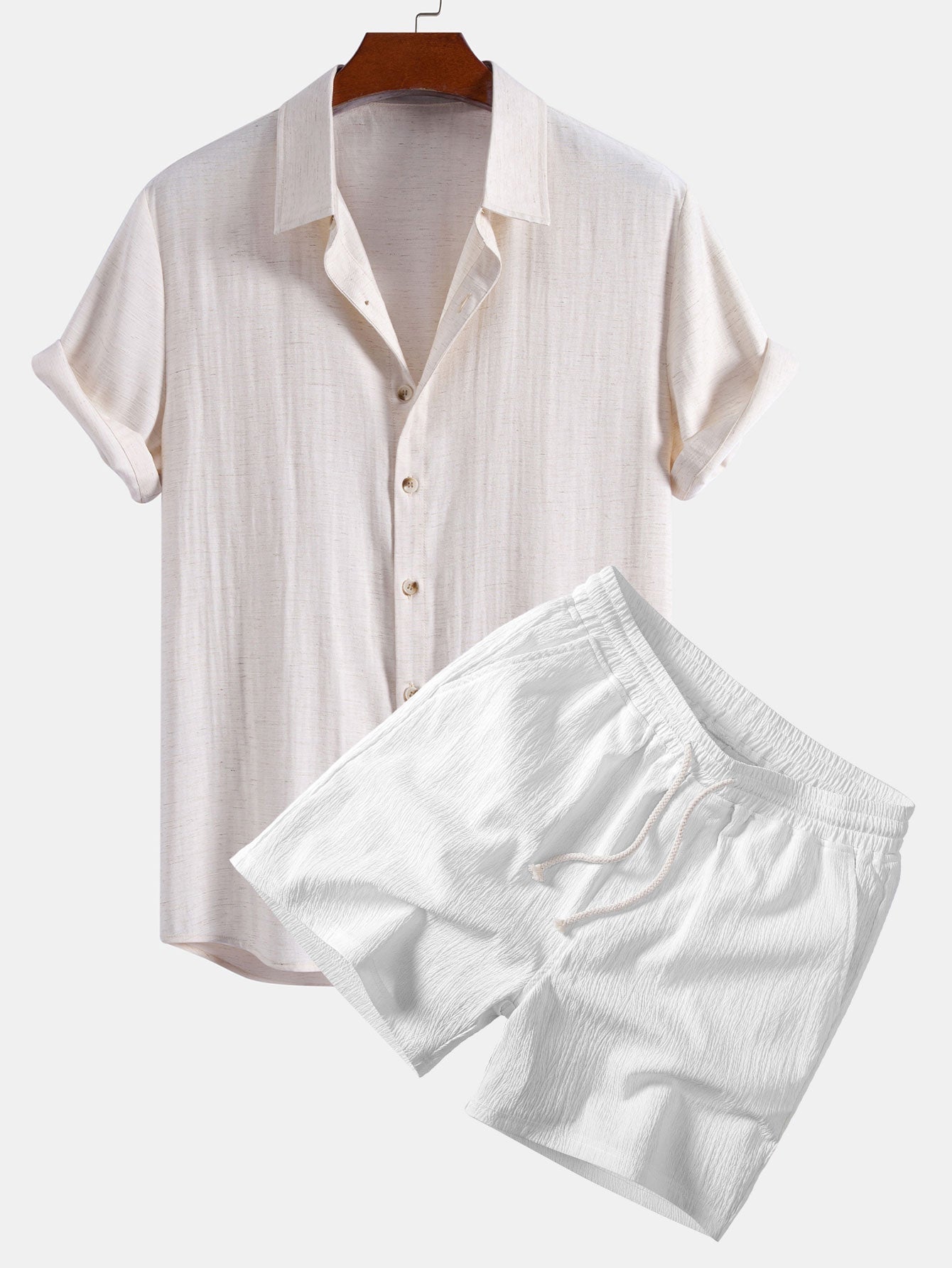 Camisa abotonada de mezcla de lino y rayón y pantalones cortos de 5" con cordón y textura arrugada