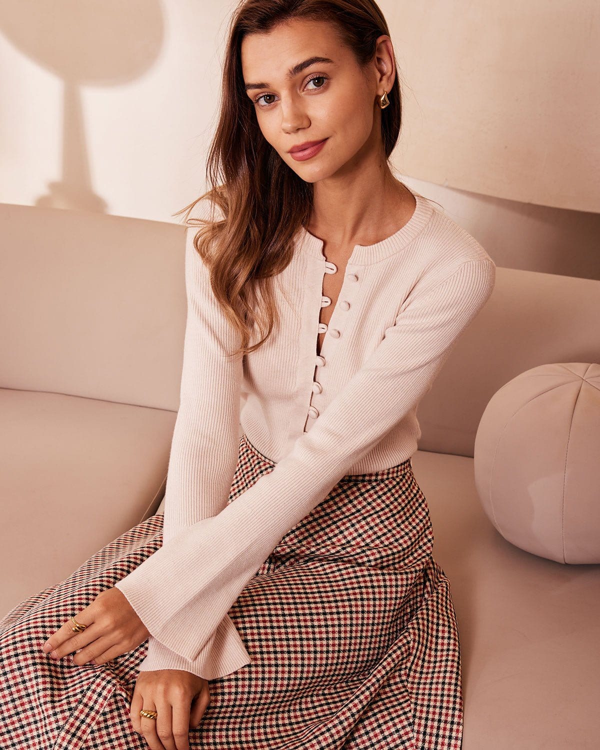 Top de Punto Albaricoque Cuello Redondo Con Botones