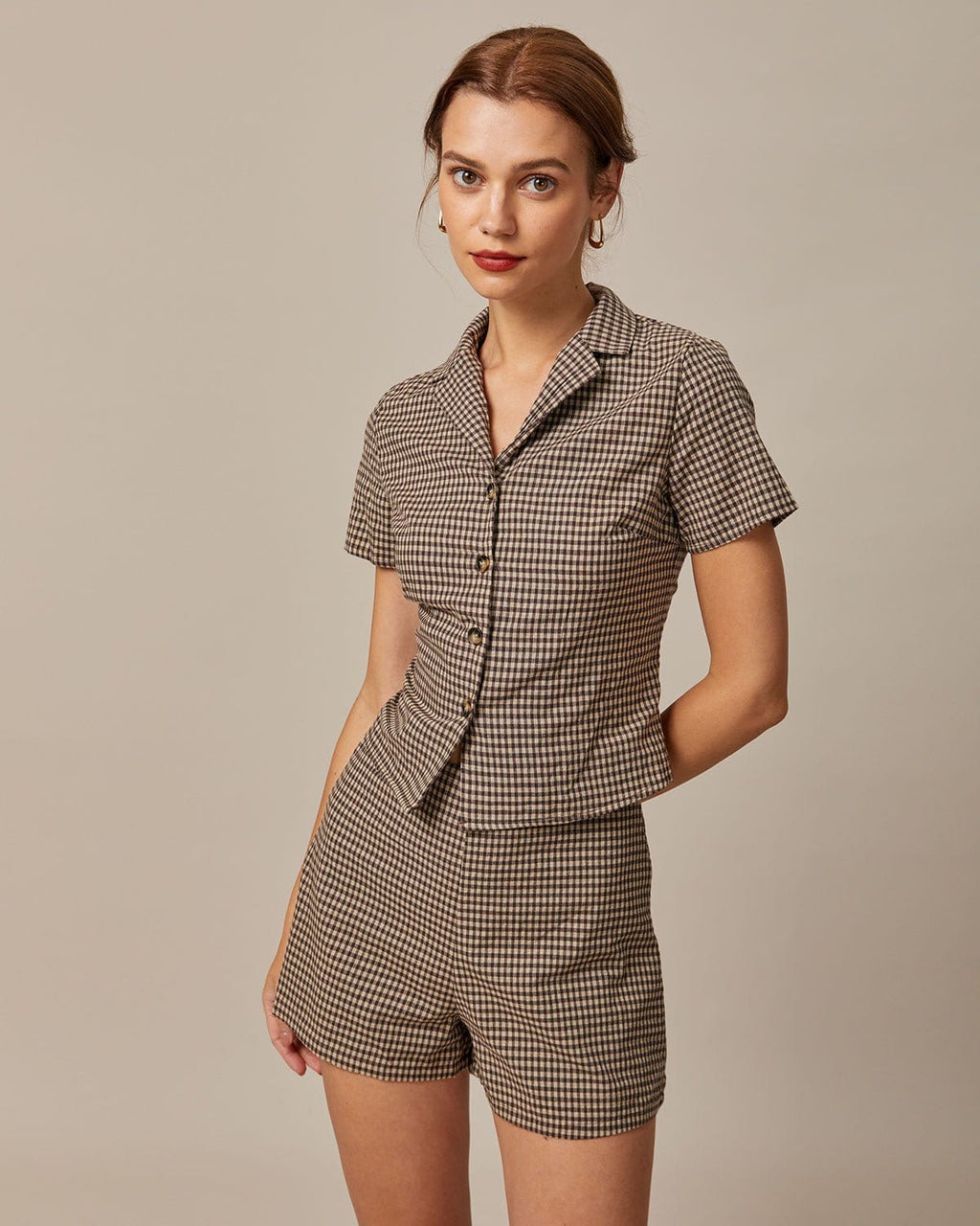 Blusa Marrón Solapa Vichy Manga Corta