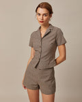 Blusa Marrón Solapa Vichy Manga Corta