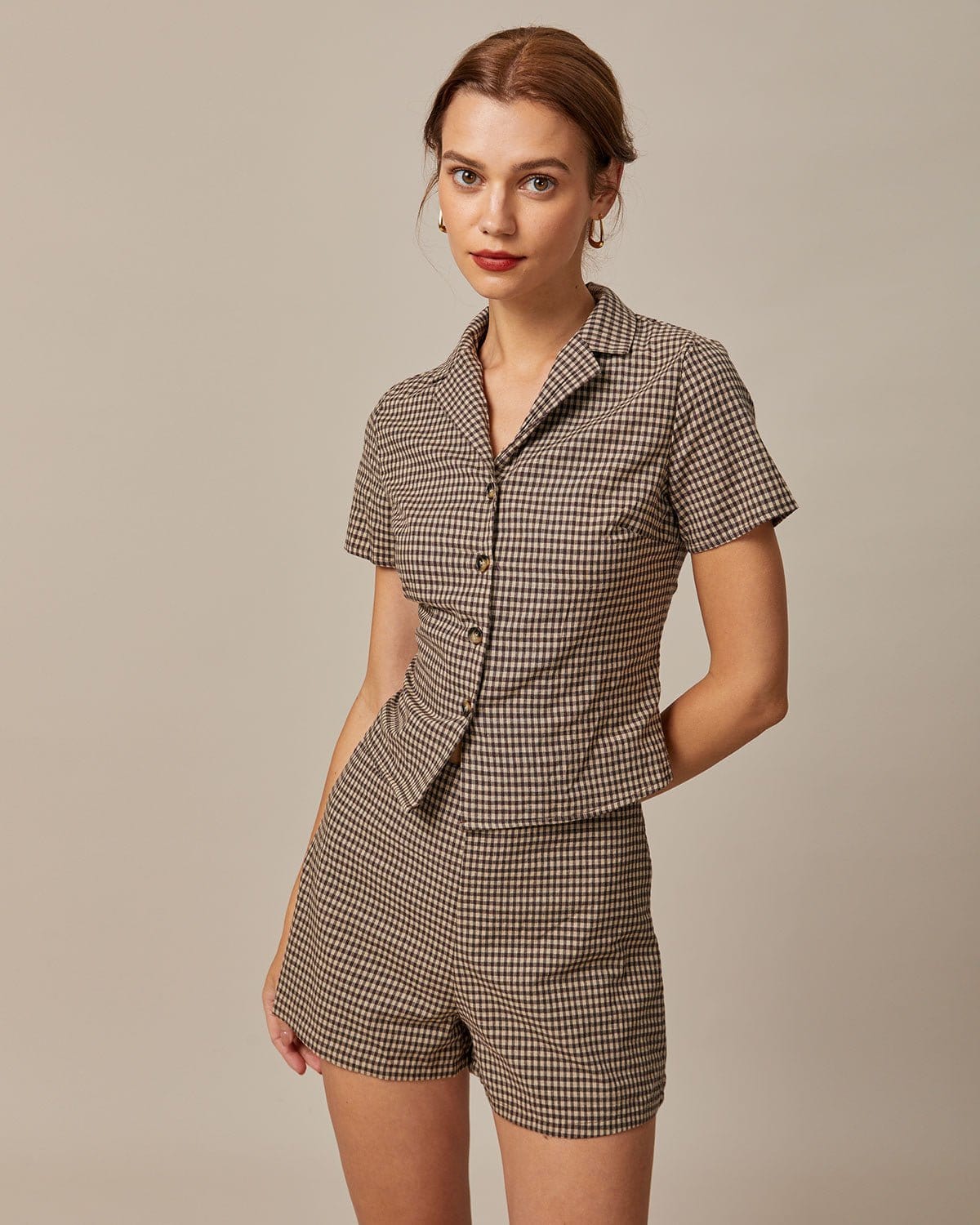 Blusa Marrón Solapa Vichy Manga Corta