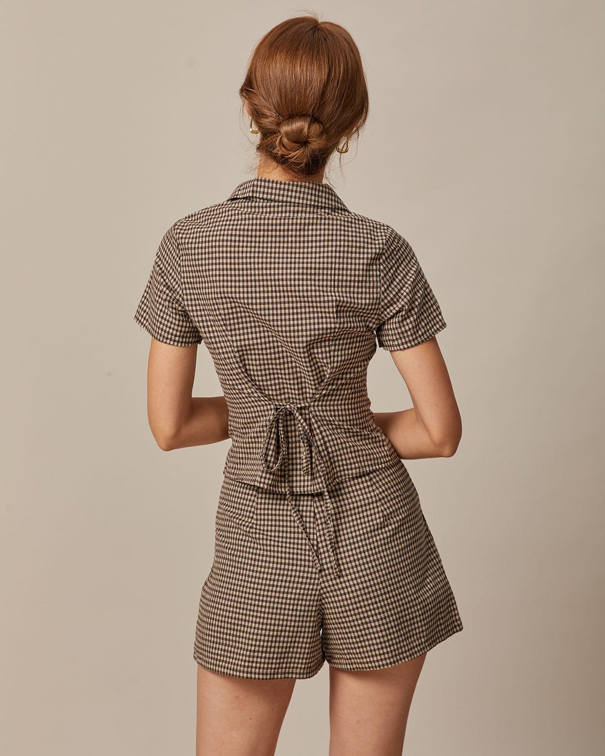 Blusa Marrón Solapa Vichy Manga Corta