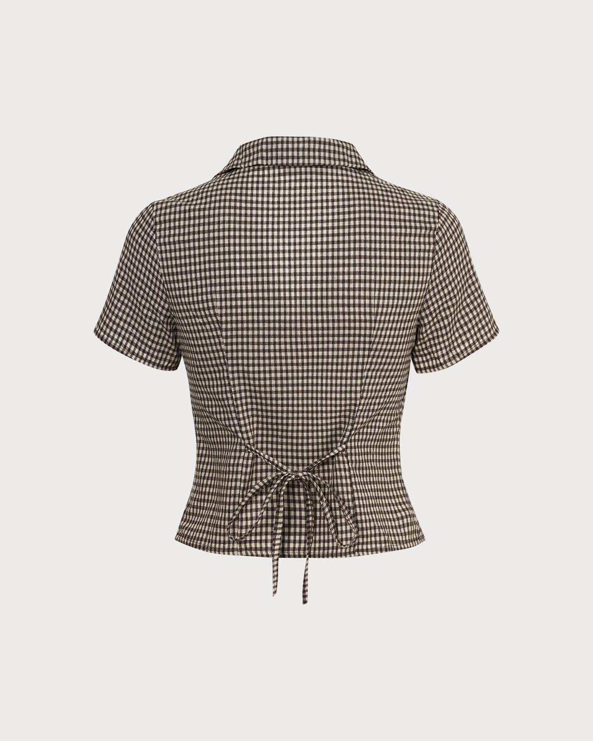 Blusa Marrón Solapa Vichy Manga Corta