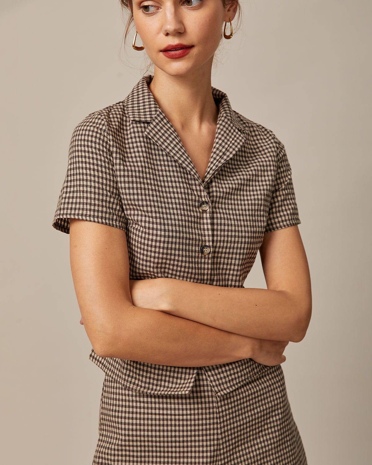 Blusa Marrón Solapa Vichy Manga Corta