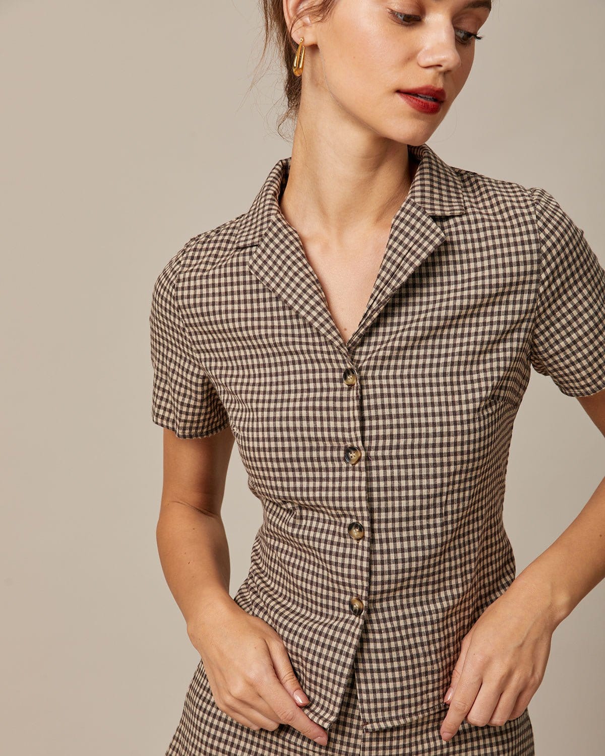 Blusa Marrón Solapa Vichy Manga Corta