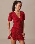 Vestido Mini Rojo Cuello V Lunares Volante