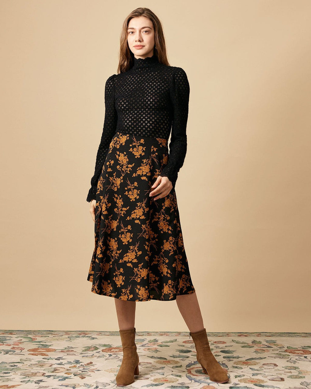 Falda Floral Abertura Talle Alto Evasé
