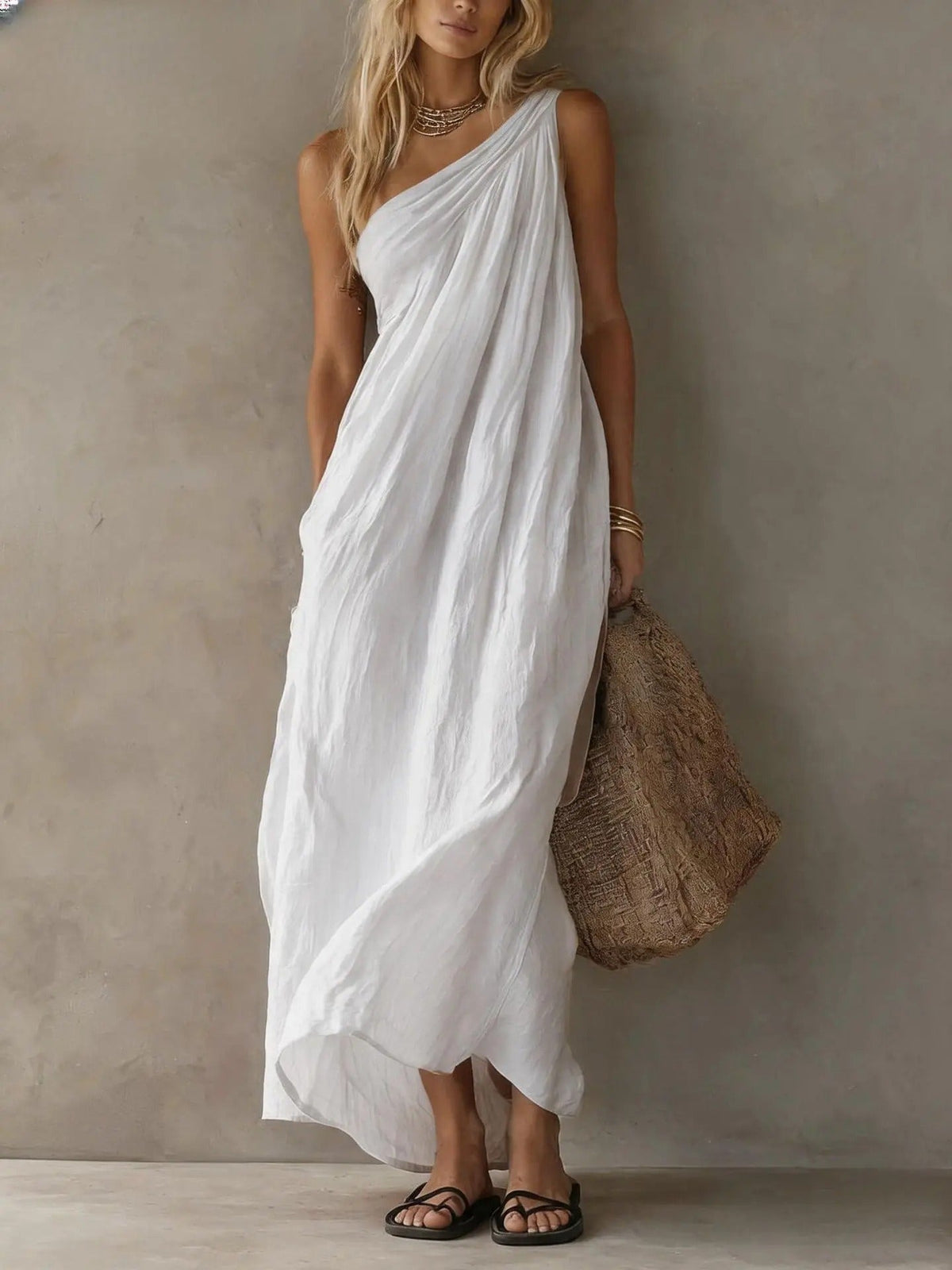 Adriana Vestido Maxi Asimétrico con Efecto Lino