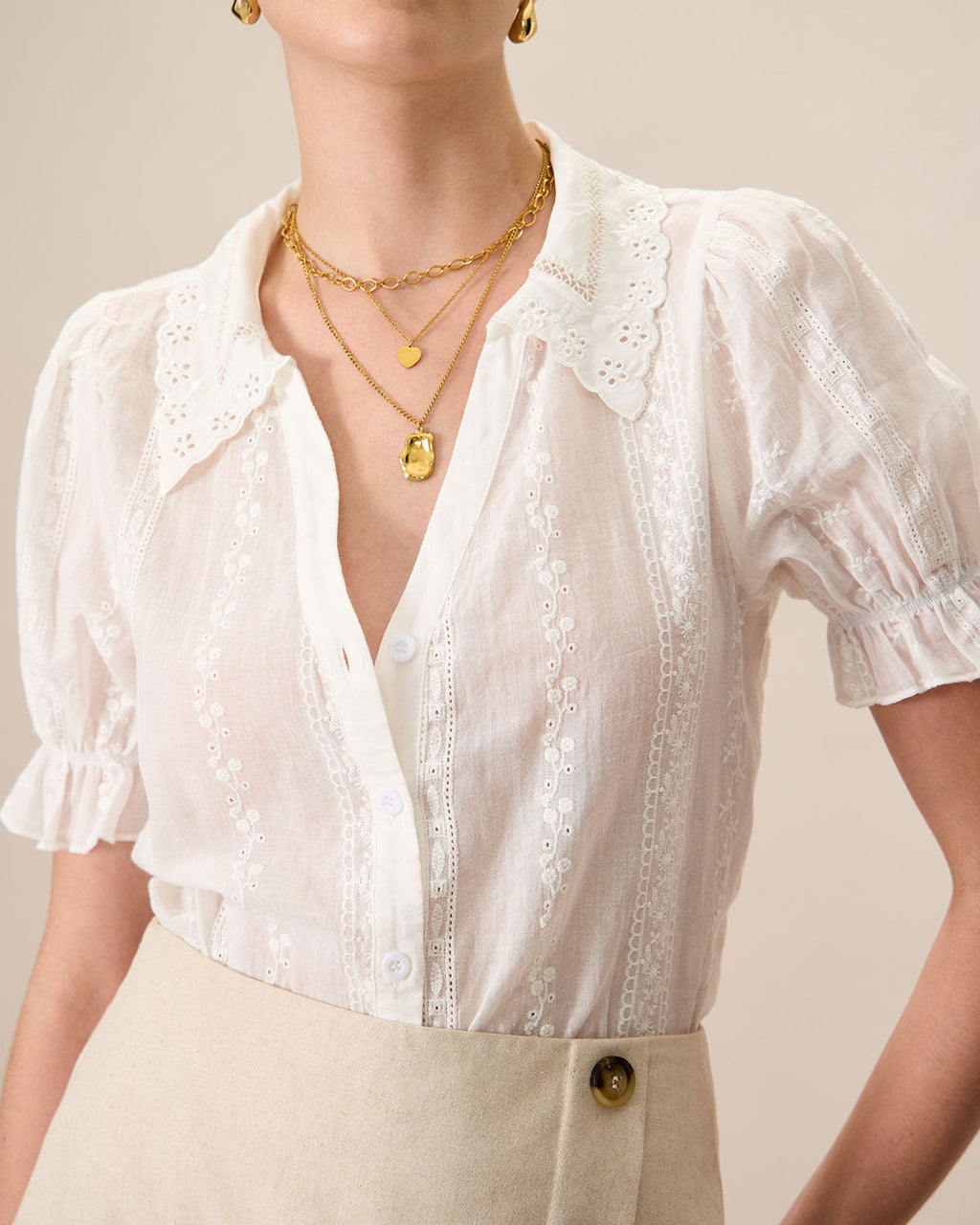 Blusa Blanca Con Cuello Encaje Bordado Algodón